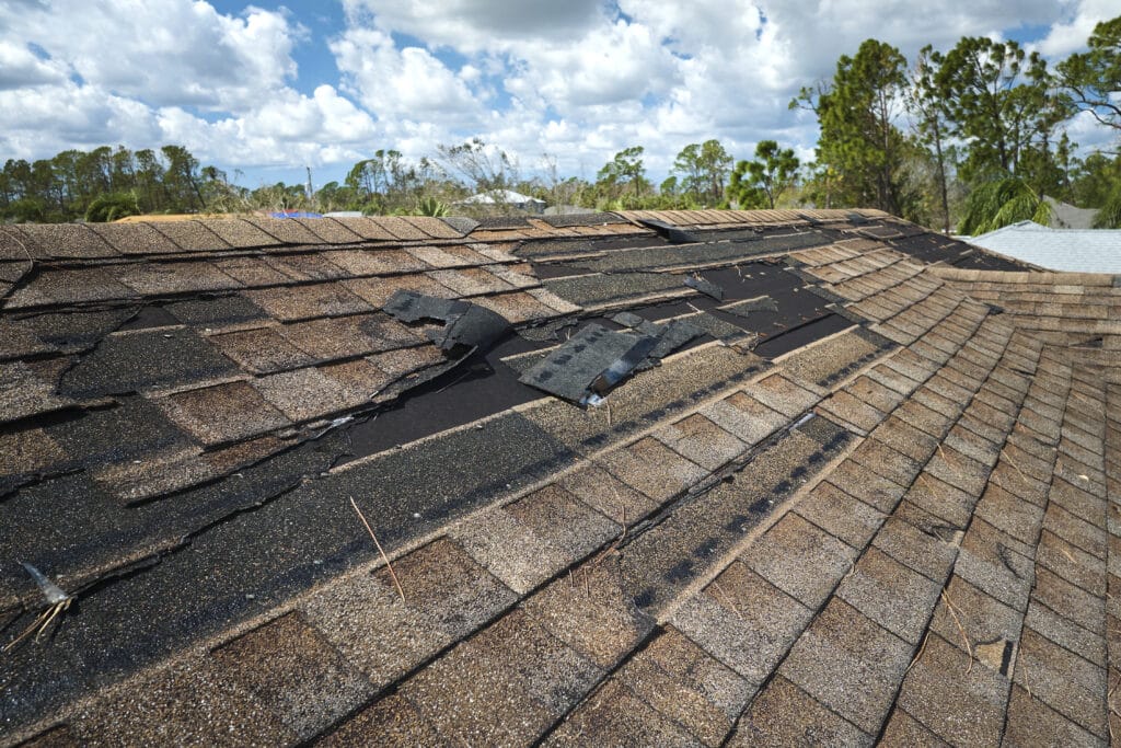 Top Signs Your Home Has A Drainage Problem - damaged house roof and missing shingles