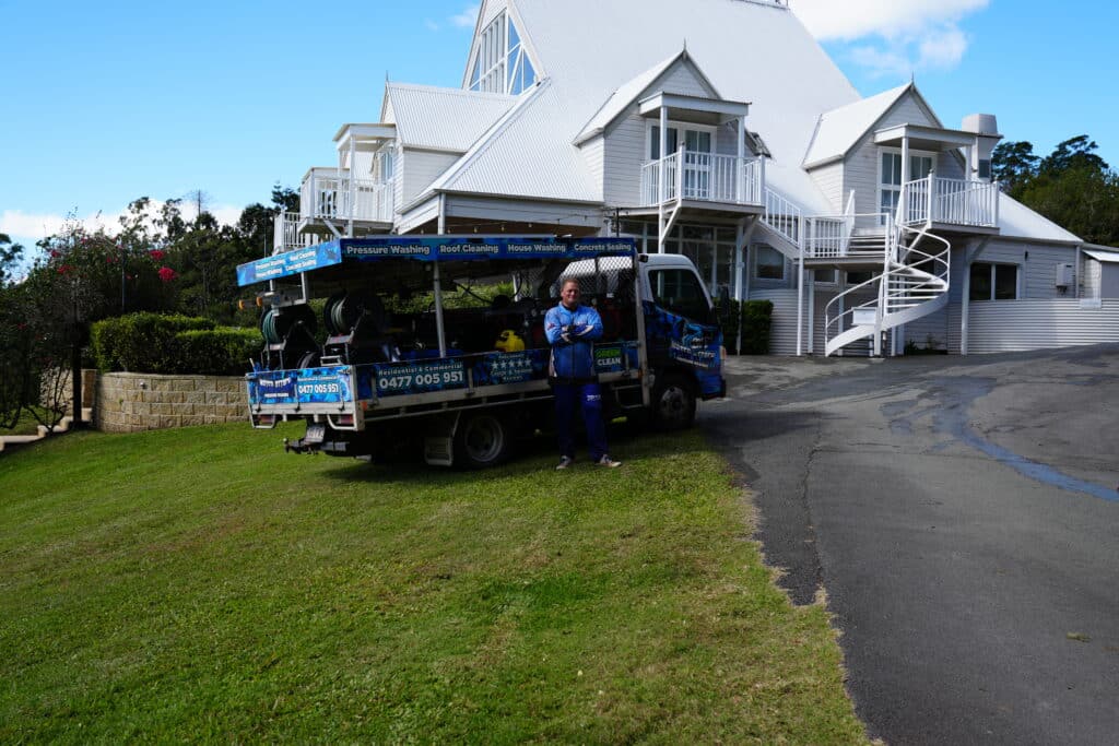 Jon and the Water Attack truck in front of Maleny Manor