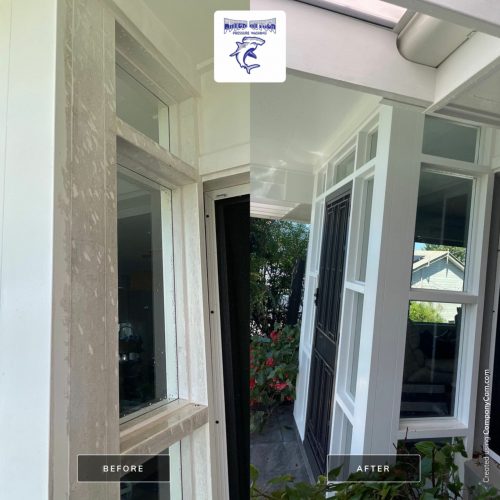 exterior soft washing before and after of soft wash services on a window